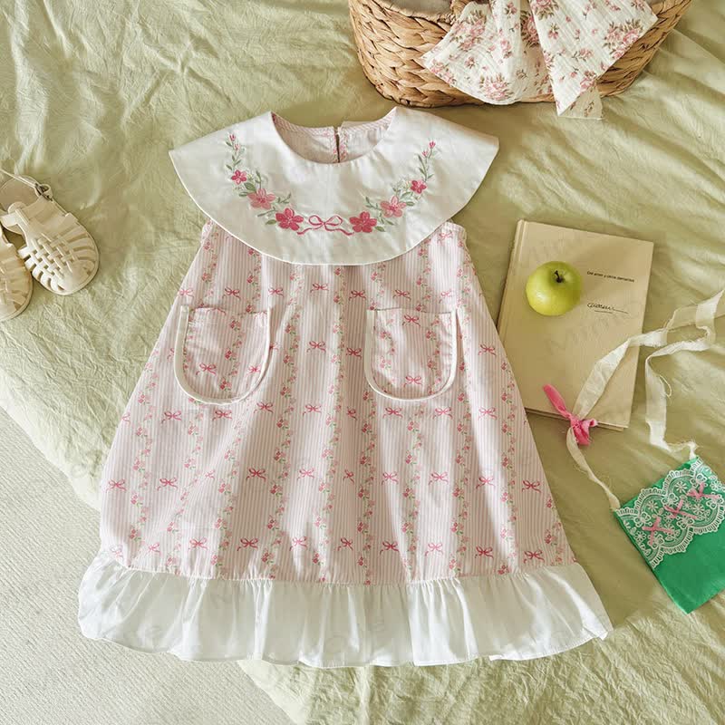 Toddler Girl Cotton Pink Striped Bows Print Dress - image 1