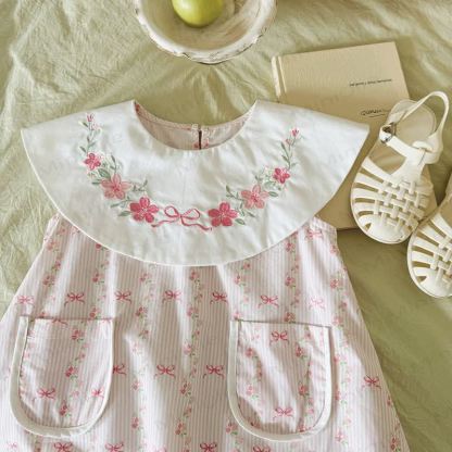Toddler Girl Cotton Pink Ribbed Bows Print Dress - image 3