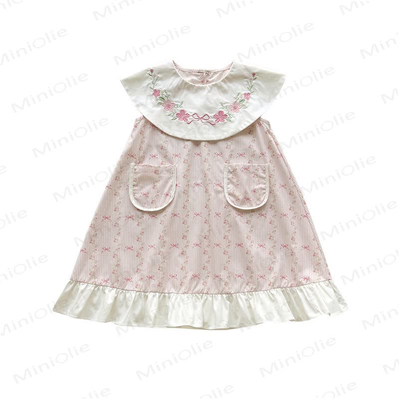 Toddler Girl Cotton Pink Striped Bows Print Dress - Pink - 8-9T - image 2