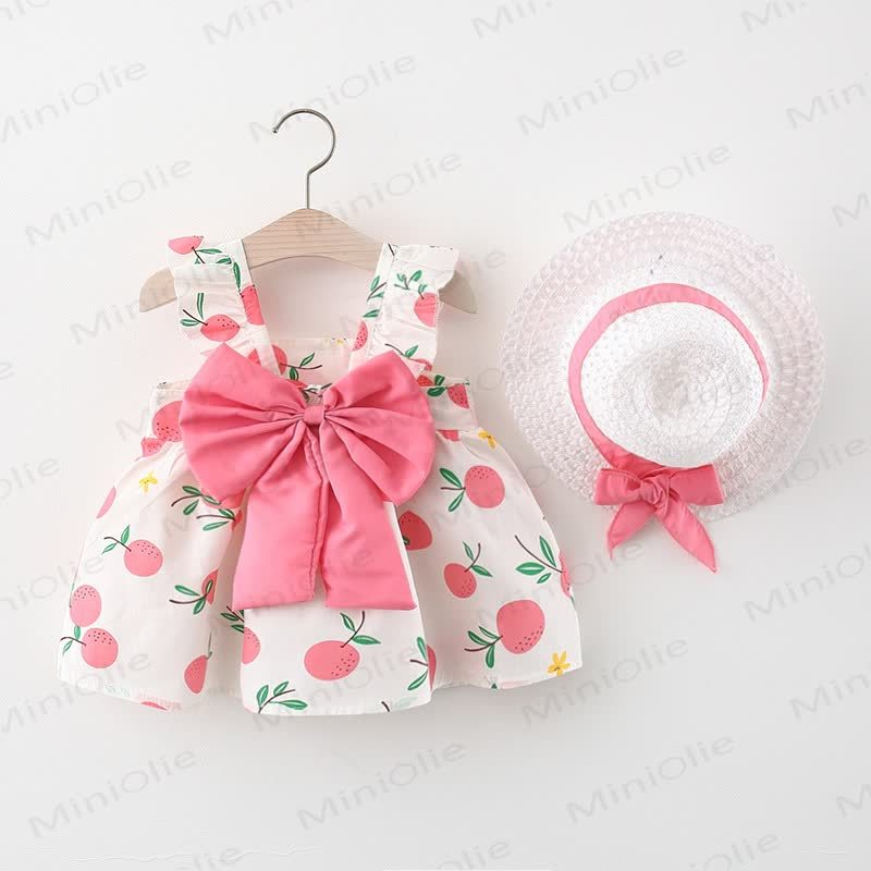 Baby Girls Summer Cotton Fruit or Flower or Circle Print Bow Dress with Hat - Pink Peach - 2-3T - image 1