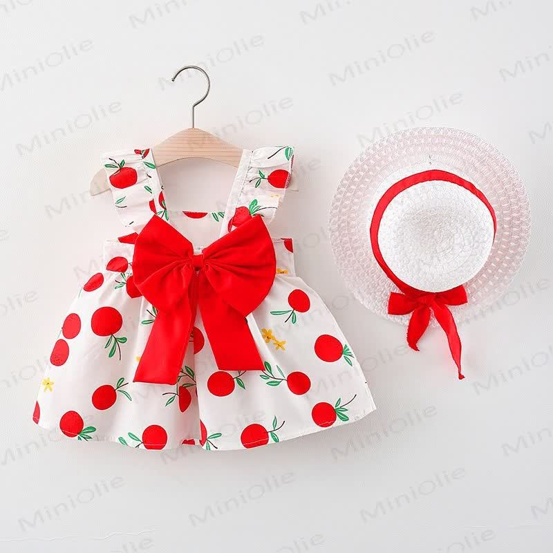 Baby Girls Summer Cotton Fruit or Flower or Circle Print Bow Dress with Hat - Red Apple - 2-3T - image 3