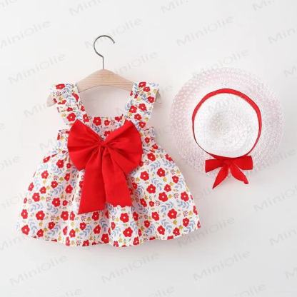 Baby Girls Summer Cotton Fruit or Flower or Circle Print Bow Dress with Hat - Red Flower - 2-3T - image 6