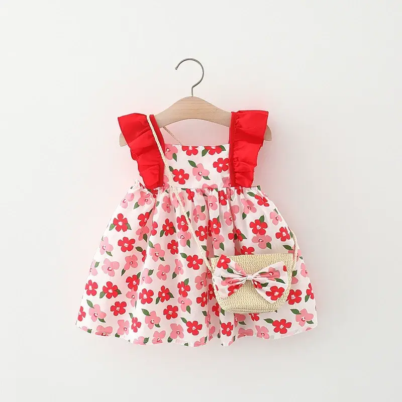 Baby Girls Summer Cotton Floral or Strawberry Print Dress - Red Flower - 2-3T - image 6