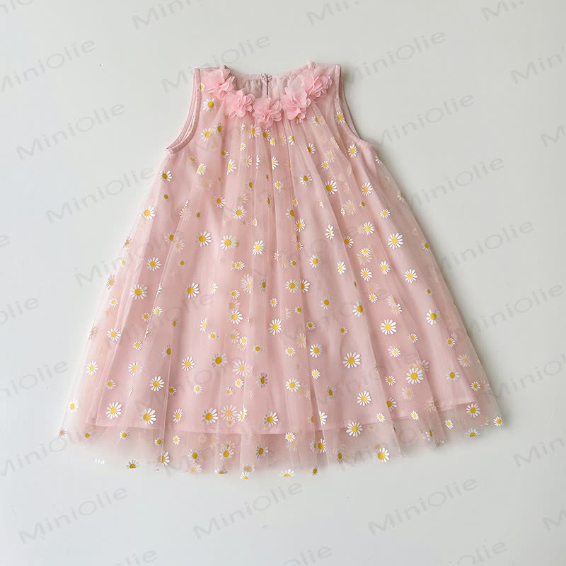 Toddler Girls Cotton Tulle Daisy Print Sleeveless Dress - Pink - 8-9T - image 4