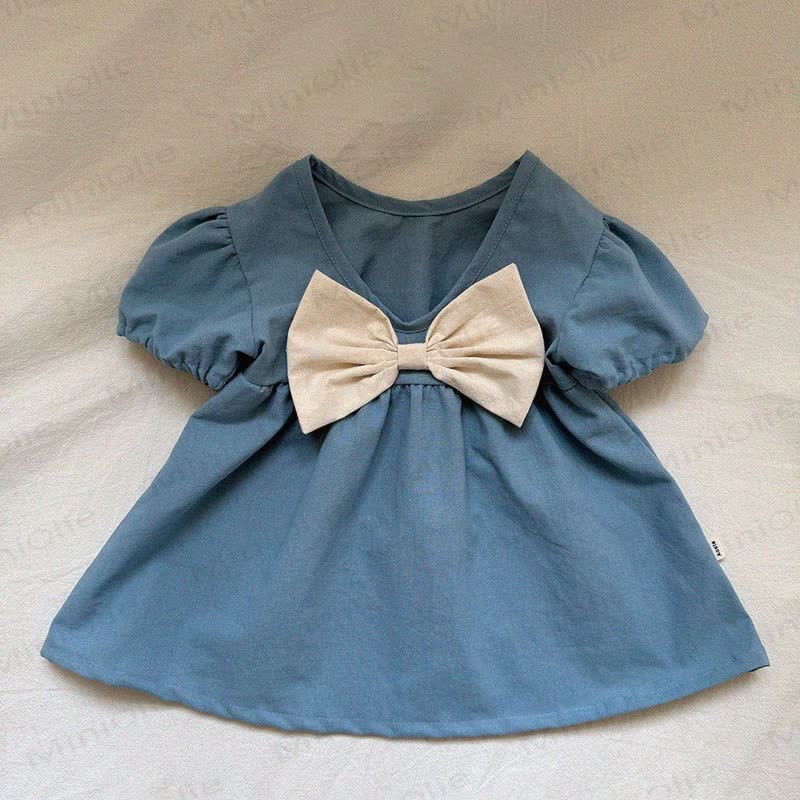 Baby Girls Cotton Floral Print Bows Dress - Blue - 3-4T - image 2