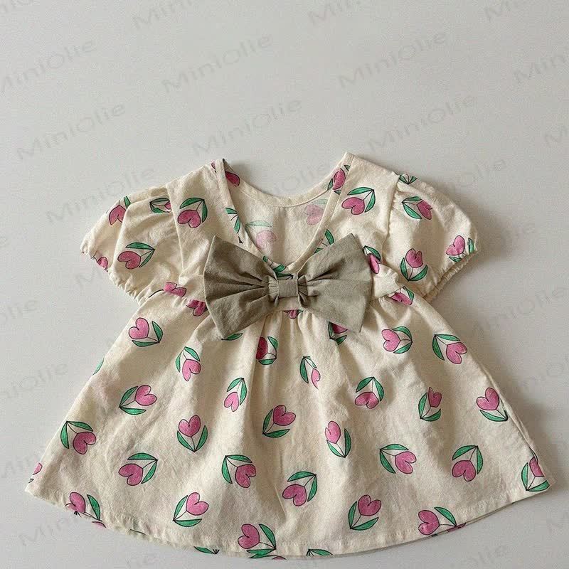 Baby Girls Cotton Floral Print Bows Dress - Beige - 3-4T - image 5