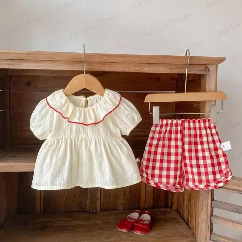 Baby Girls Cotton Beige Tank Top and Red Plaid Shorts Set or Hat - image 1