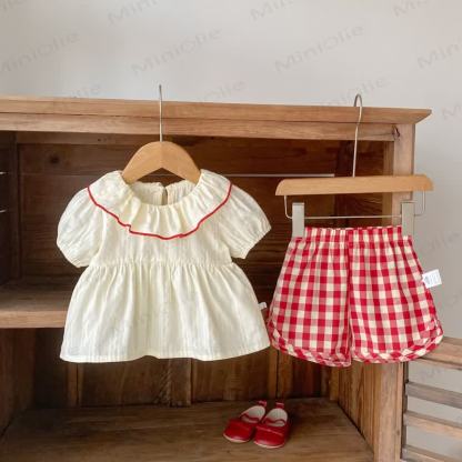 Baby Girls Cotton Beige Tank Top and Red Plaid Shorts Set or Hat - image 1