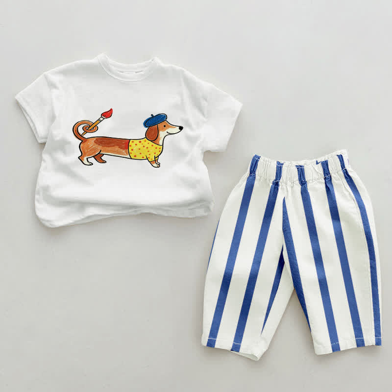 Baby Crayon Dachshund Blue Vertical Striped 2-piece Set - White&Blue - 2-3T - image 1