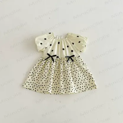 Toddler Girls Cotton Polka Dot Puff Sleeves Dress - Beige - 6-7T - image 3