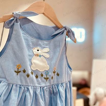 Toddler Girls Blue Cotton Rabbit Print Gingham Dress - Blue - 6-7T - image 1