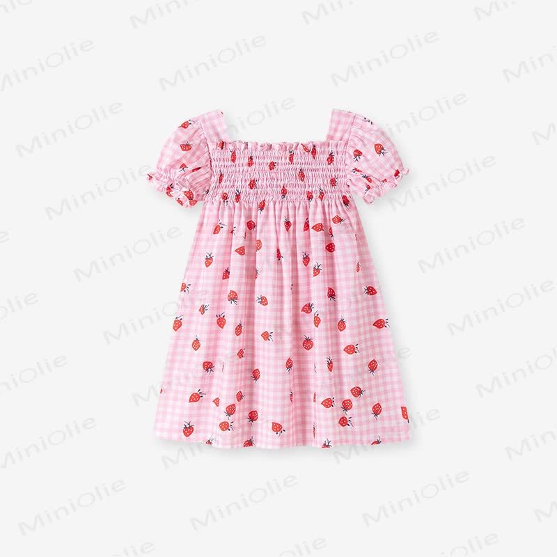 Toddler Girls Strawberry Print Pink Gingham Puff Sleeves Dress - Pink - 8-9T - image 2