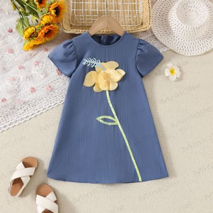 Toddler Girls 3D Yellow Flower A Line Dress - Blue - 6-7T - image 2