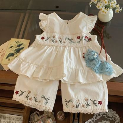Toddler Girls Cotton Ruffle Tank Top and Pants Set - Beige - 6-7T - image 2