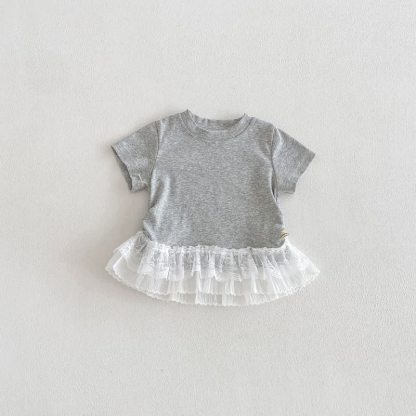 Baby Girl Lace Spliced T-Shirt - Gray - 3-4T - image 3