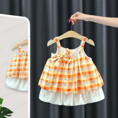 Baby Orange Gingham Cotton Bow Sleeveless Tank Top and Shorts Set - Orange - 3-4T - image 3