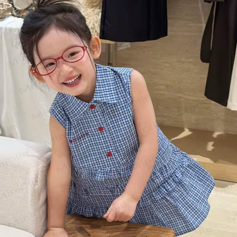 Toddler Girls Navy Blue Gingham Cotton Sleeveless Dress - image 2