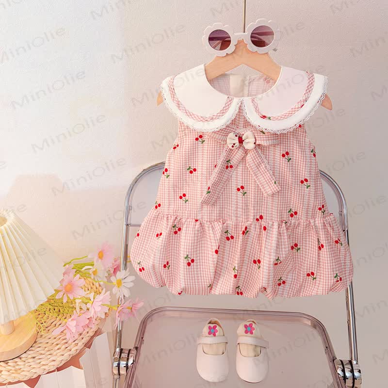 Baby Toddler Girls Cotton Bows Gingham Cherry Print Sleeveless Dress  - Pink - 4-5T - image 1