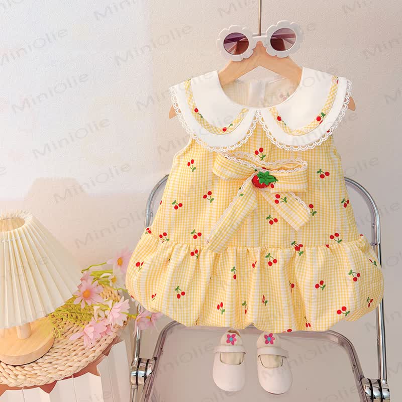 Baby Toddler Girls Cotton Bows Gingham Cherry Print Sleeveless Dress  - Yellow - 4-5T - image 2