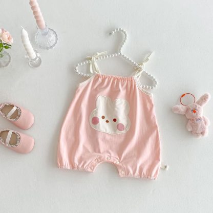 Baby Girl Flower/Rabbit Strap Romper - Pink Rabbit - 18-24M - image 3