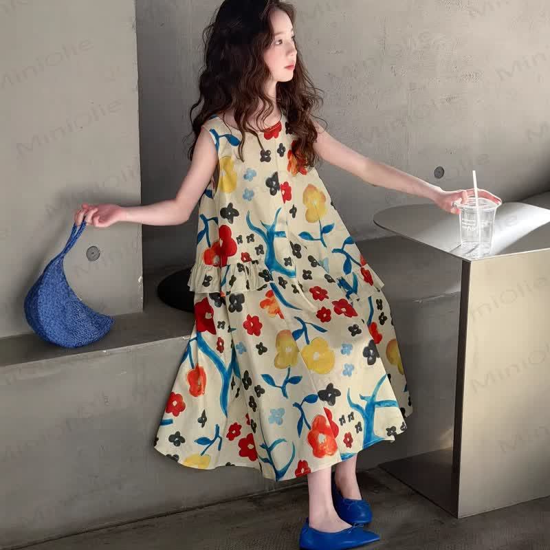 Kid Girls Cotton Floral Print Sleeveless Dress - image 1