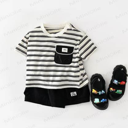 Baby Toddler Boys Cotton Striped Top or Solid Black Shorts - image 2