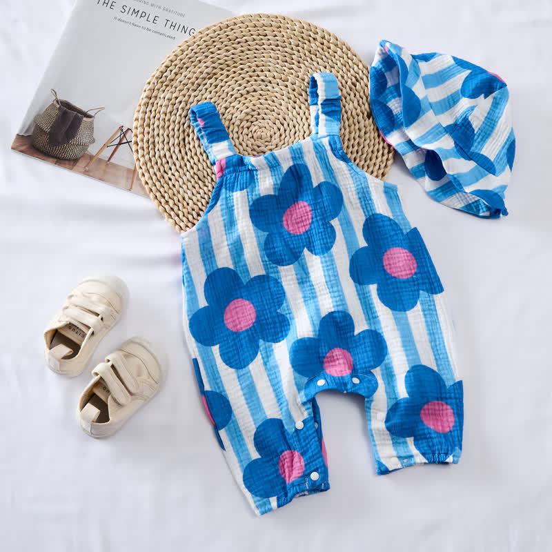 Baby Blue Flower Striped Romper with Hat - image 2