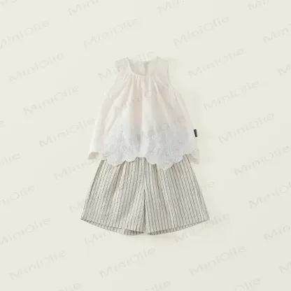 Toddler Girls Lace Floral Tank Top and Striped Pants Set - White - 8-9T - image 2