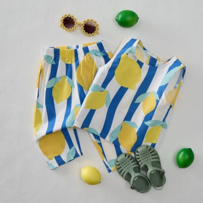 Baby Blue Vertical Striped Lemon 2-Piece Sleeveless Set - image 2