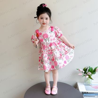 Toddler Girls Cotton Pink Floral Puff Sleeves Dress - Pink - 8-9T - image 2