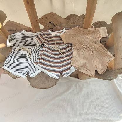 Baby Cotton Ribbed Striped Top and Shorts Set - image 1