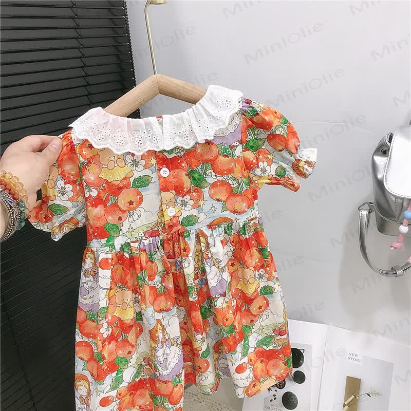 Toddler Girls Cotton Orange Print Puff Sleeves Dress - image 4