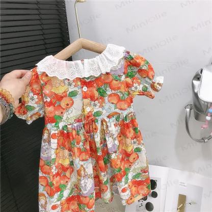 Toddler Girls Cotton Orange Print Puff Sleeves Dress - image 4