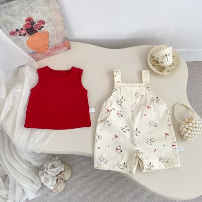 Baby Girls Cotton Animal Print Tank Top and Overalls 2-piece Set - Beige - 4-5T - image 2