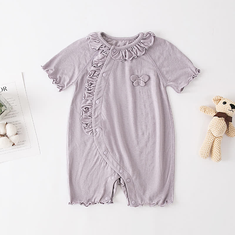 Baby Solid Color Butterfly Ruffle Trim Romper - Purple - 18-24M - image 2