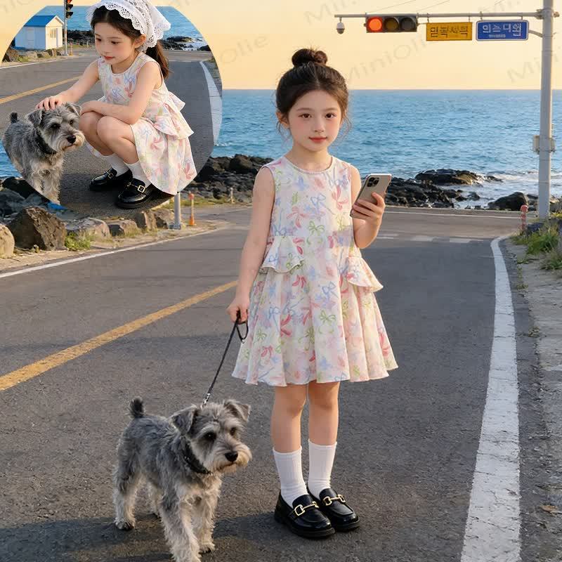 Toddler Kid Girls Bow Floral Ruffle Sleeveless Dress - Pink - 10-11T - image 1