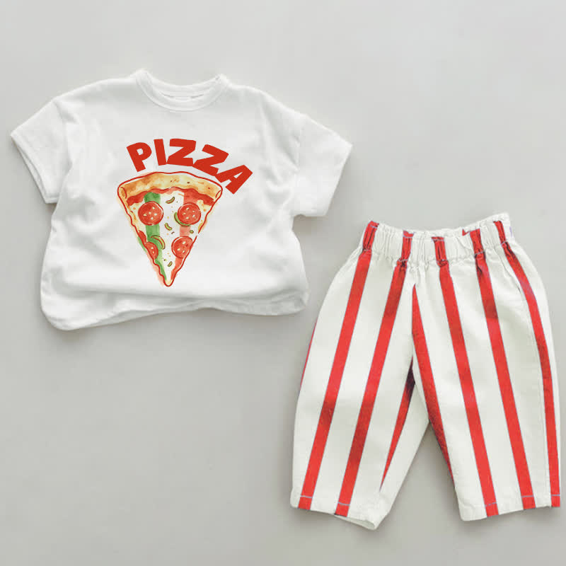 PIZZA Baby Food Print Red Vertical Striped 2-piece Set - White&Red - 2-3T - image 1