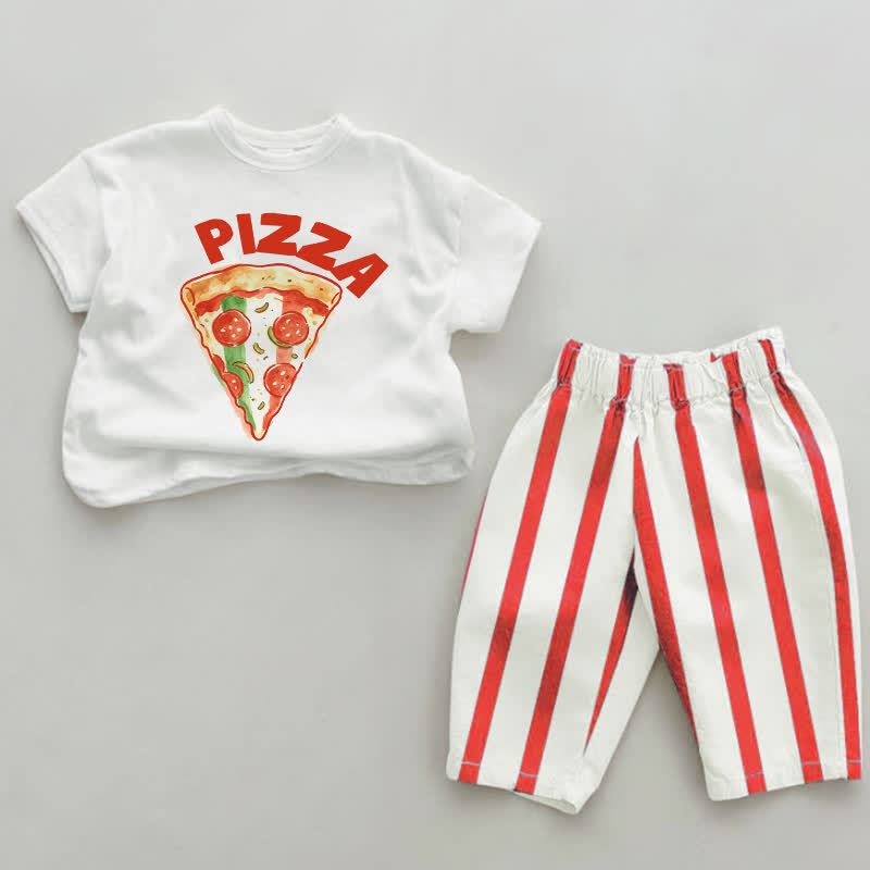 PIZZA Baby Food Print Red Vertical Striped 2-piece Set - White&Red - 2-3T - image 1