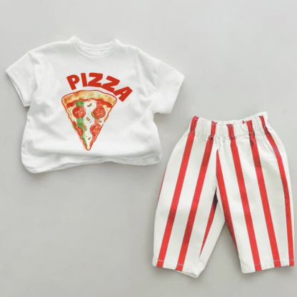 PIZZA Baby Food Print Red Vertical Striped 2-piece Set - White&Red - 2-3T - image 1