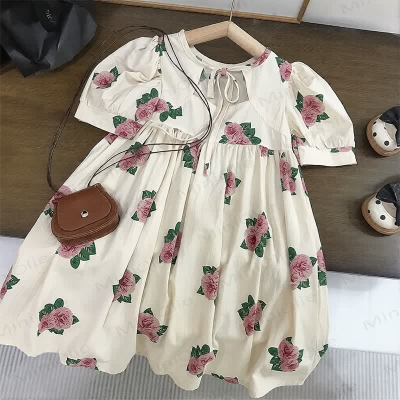 Toddler Girls Floral Cotton Puff Sleeves Dress - White - 8-9T - image 1