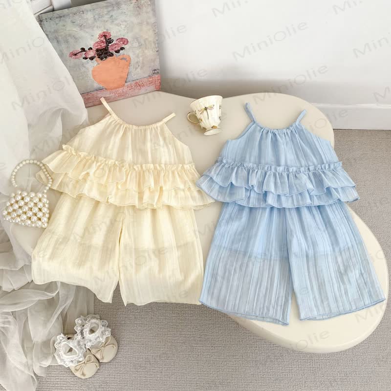 Baby Toddler Girls Sweet Ruffle Cotton Solid Color Tulle Tank Top and Pants Set - image 1