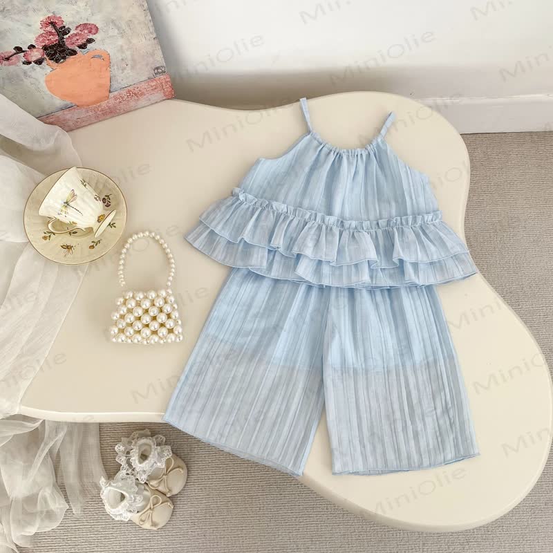 Baby Toddler Girls Sweet Ruffle Cotton Solid Color Tulle Tank Top and Pants Set - Blue - 4-5T - image 2