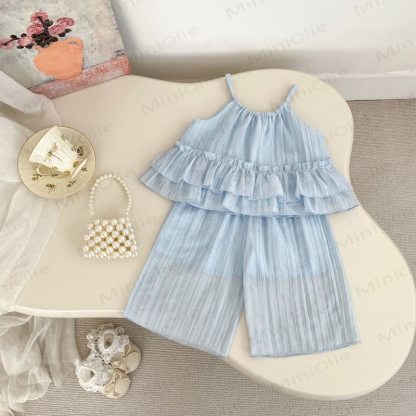 Baby Toddler Girls Sweet Ruffle Cotton Solid Color Tulle Tank Top and Pants Set - Blue - 4-5T - image 2