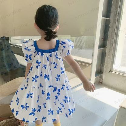 Toddler Girls Blue Floral Cotton Puff Sleeves Dress - image 3