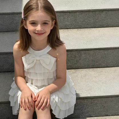 Toddler Girls Bow Ruffle Solid White Sleeveless Dress - image 2