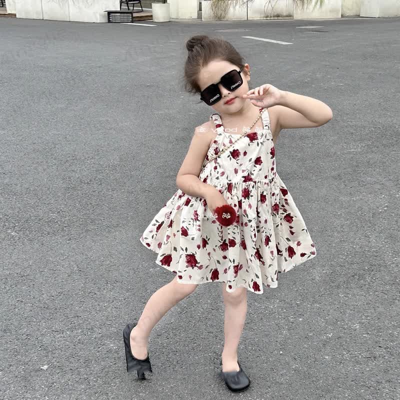 Toddler Girls Rose Print Cotton Sleeveless Dress - White - 8-9T - image 1