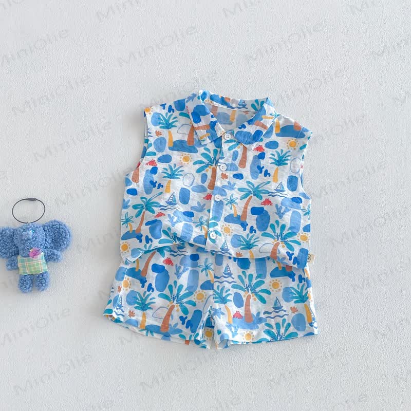 Baby Toddler Floral Palm Rayon Tank Top and Shorts Set - Blue - 4-5T - image 2