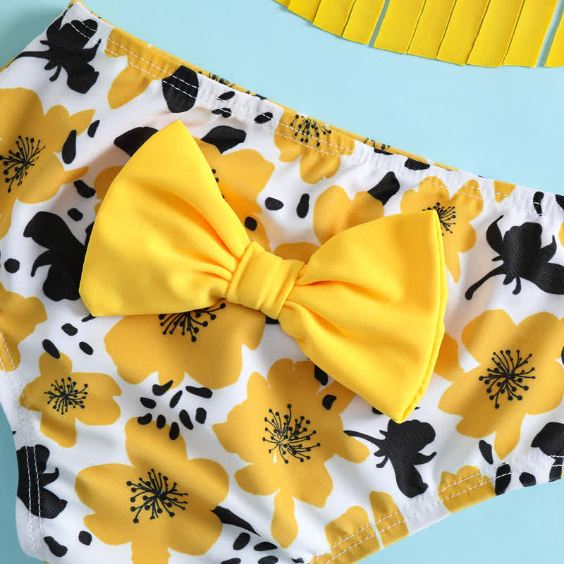 Baby Girl Yellow Flower Three-piece Swimsuit with Headband - image 4