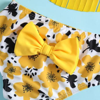 Baby Girl Yellow Flower Three-piece Swimsuit with Headband - image 4