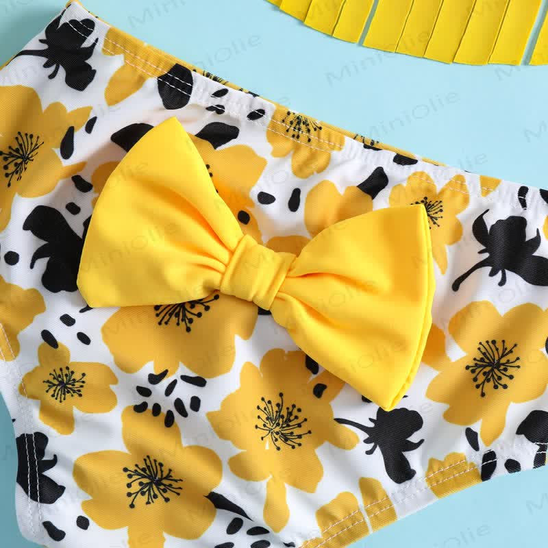 Baby Girl Yellow Flower Three-piece Swimsuit with Headband - image 4